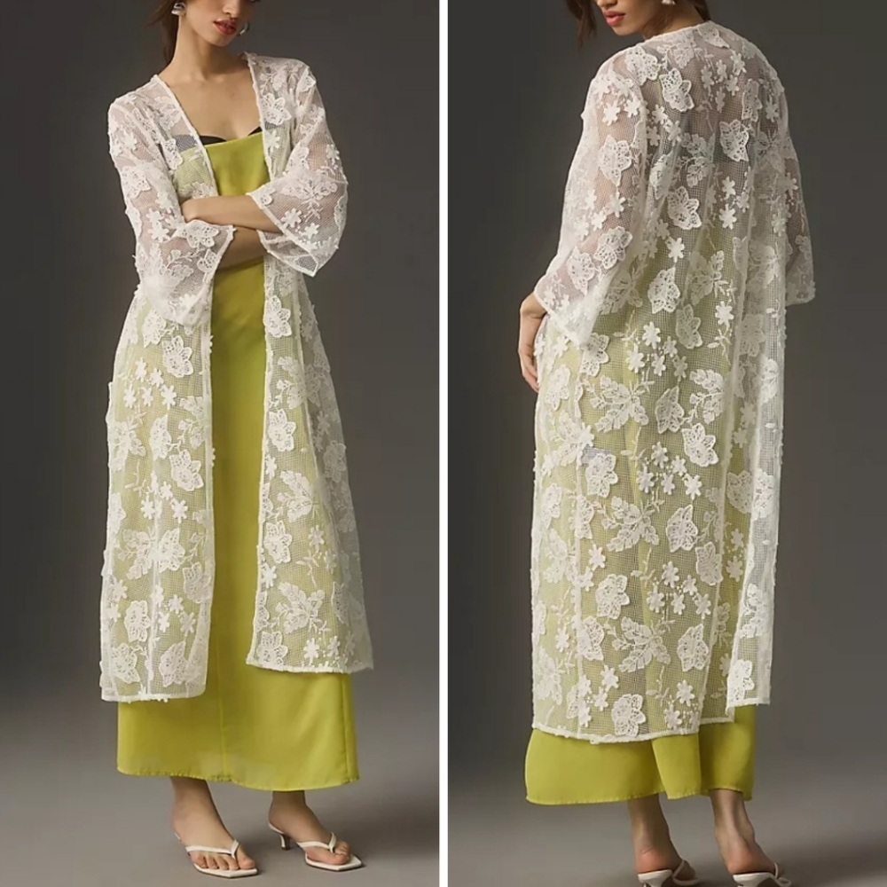 Anthropologie Mauve 3D Floral Lace Duster